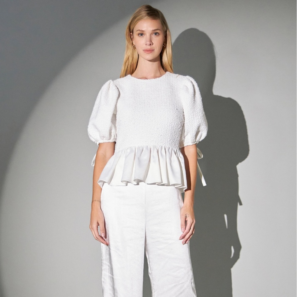 English Factory White Textured Peplum Blouse